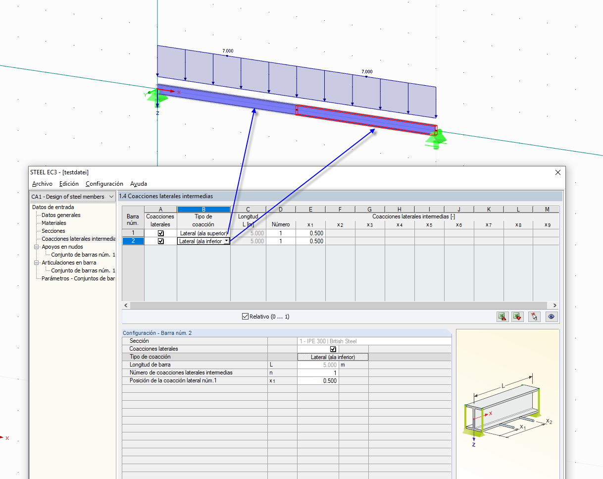 Definición de diferentes tipos de coacciones laterales intermedias a lo largo de un conjunto de barras