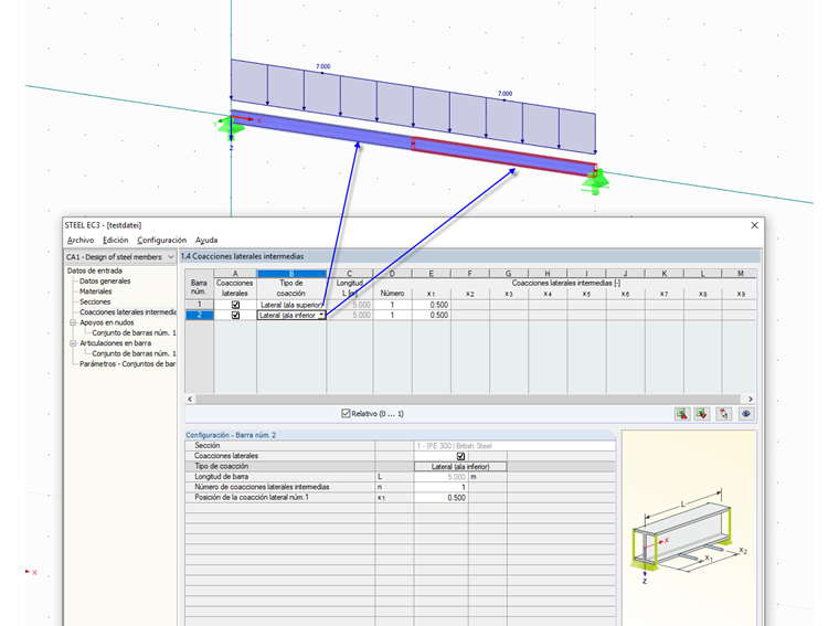 Definición de diferentes tipos de coacciones laterales intermedias a lo largo de un conjunto de barras