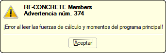 Advertencia "¡Error al leer las fuerzas y momentos de cálculo del programa principal!"