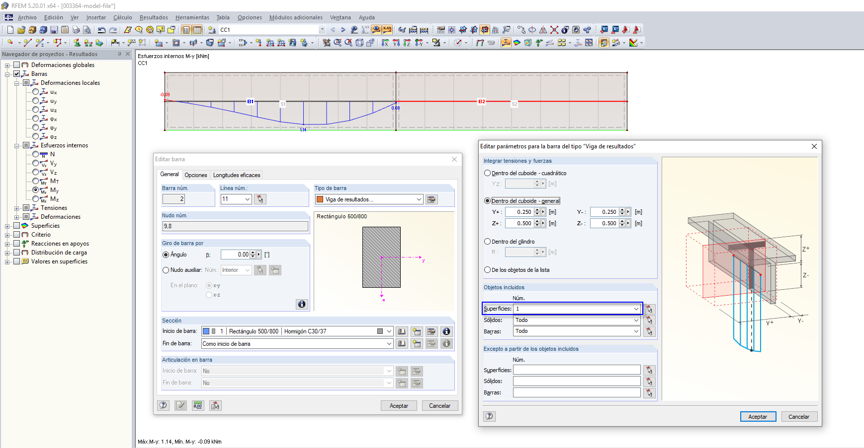 Comprobación de esfuerzos internos y viga de resultados