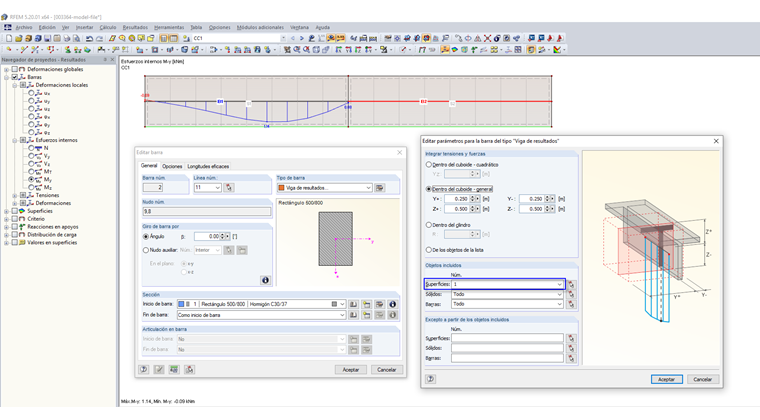 Comprobación de esfuerzos internos y viga de resultados