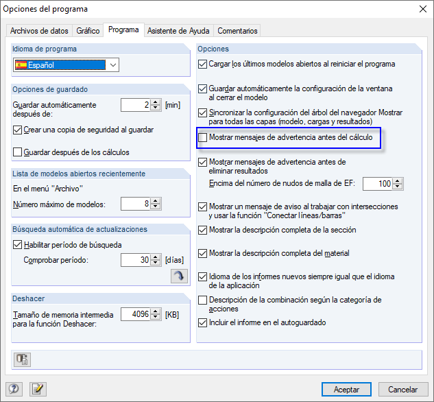 Opciones del programa: No mostrar mensajes de advertencia antes del cálculo