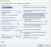 Opciones del programa: No mostrar mensajes de advertencia antes del cálculo