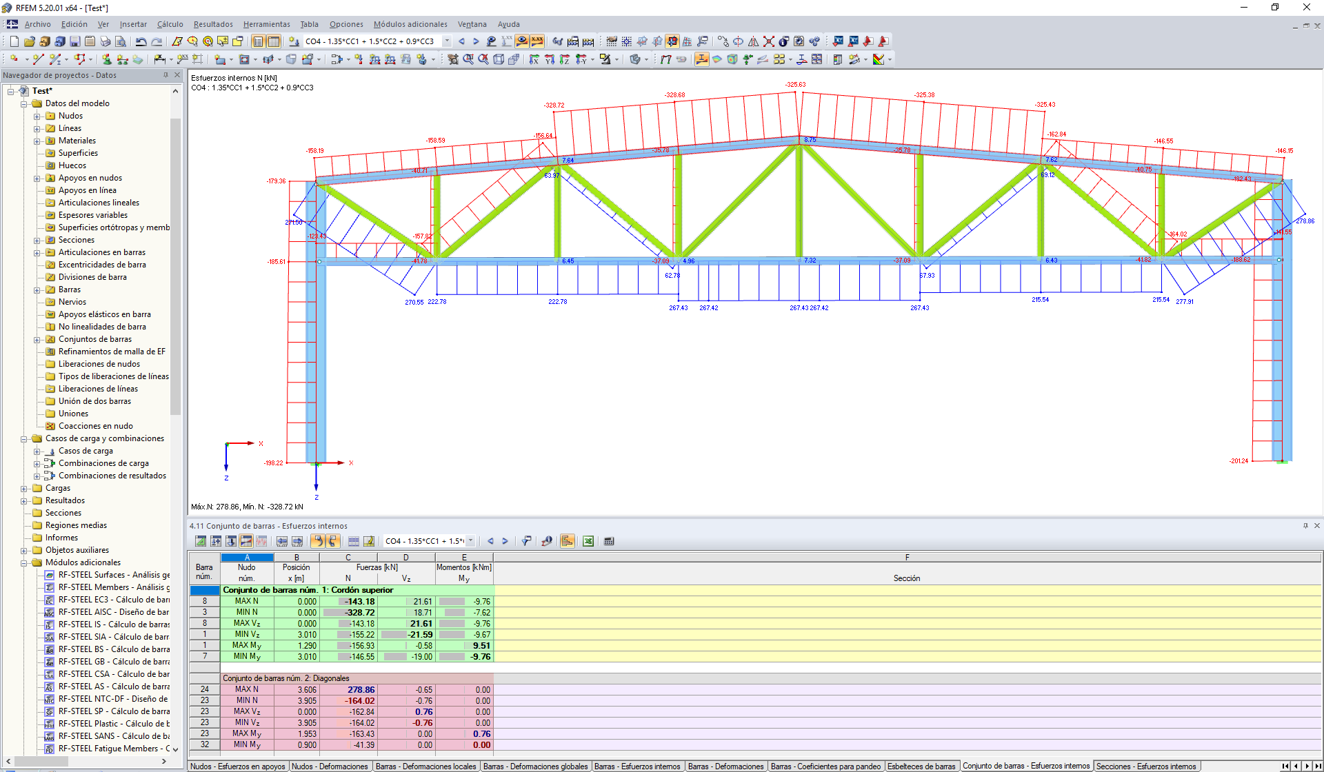 Fuerzas internas para el cordón superior y los montantes diagonales