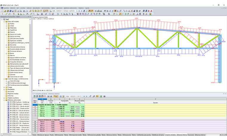 Fuerzas internas para el cordón superior y los montantes diagonales