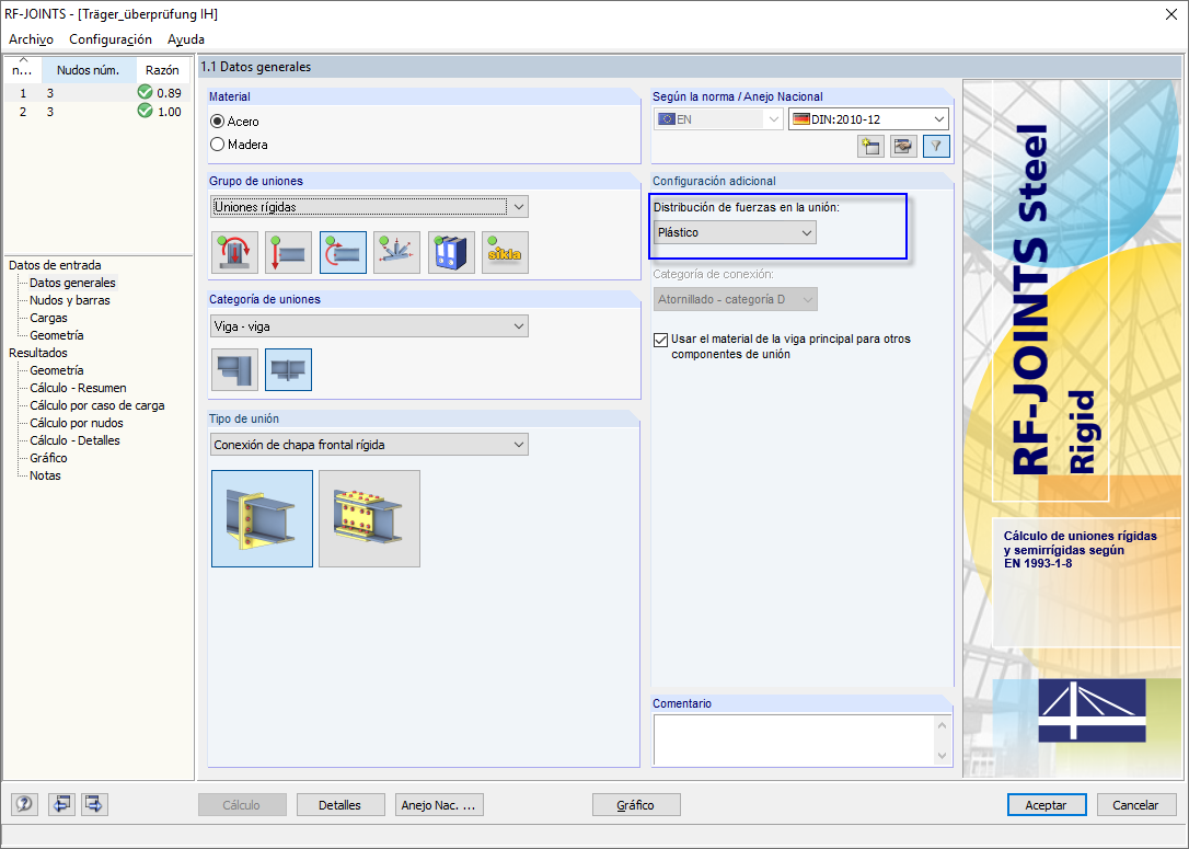 Configuración de la distribución de fuerzas en la unión