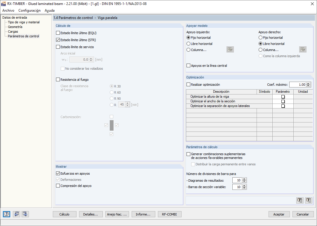 Parámetros de control de RX-TIMBER