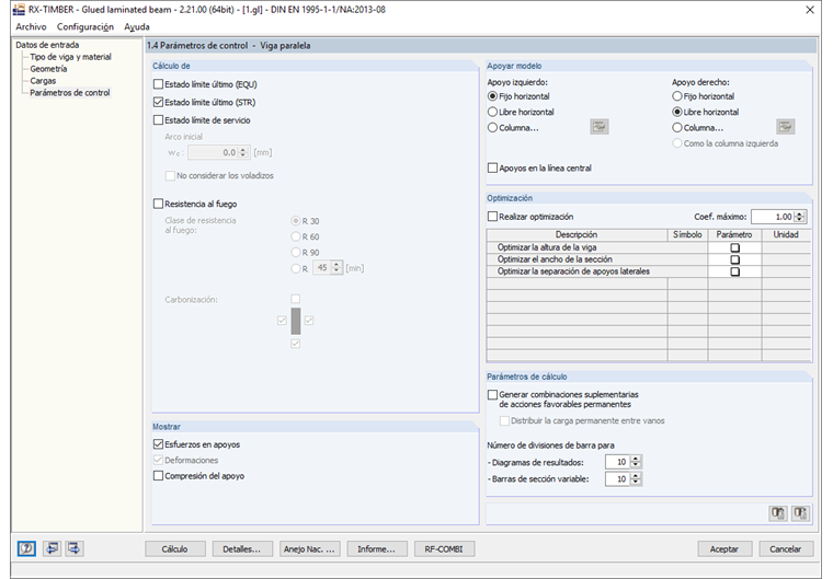 Parámetros de control de RX-TIMBER