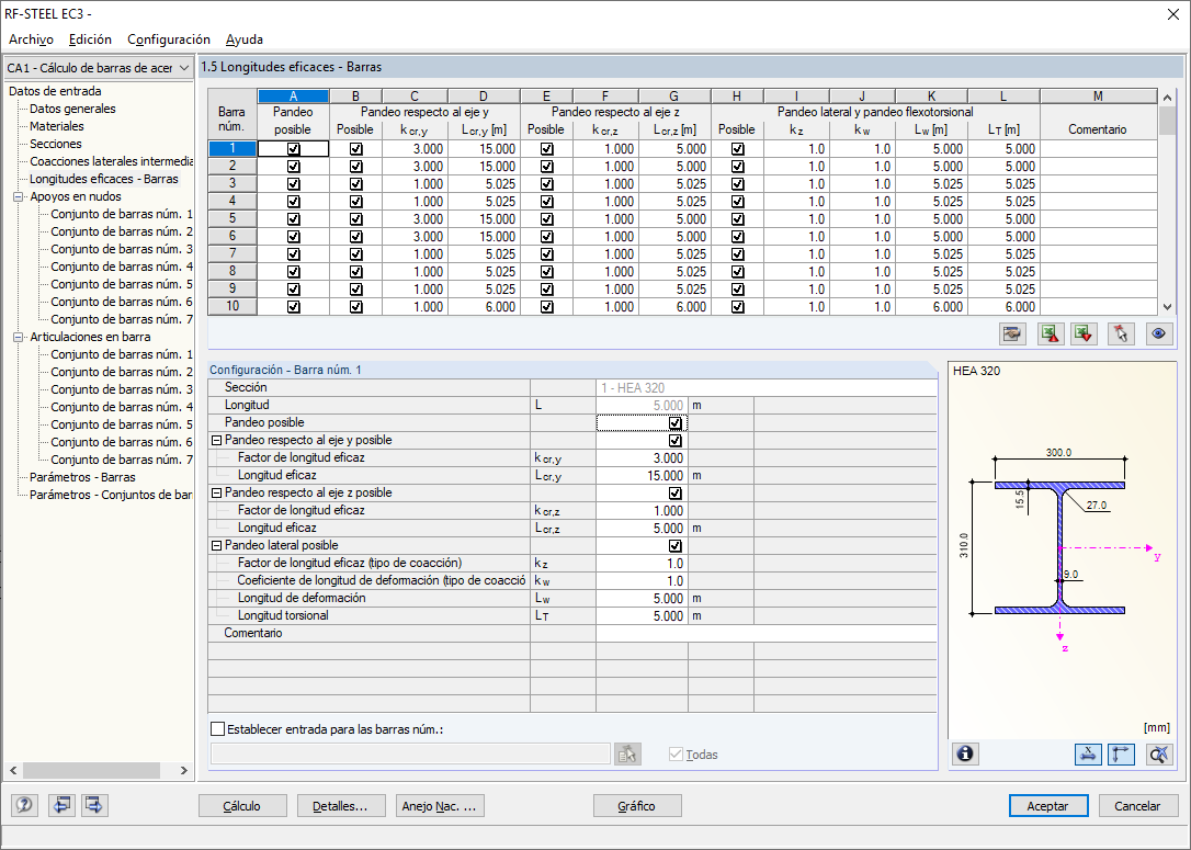 Entradas de barras, como para longitudes eficaces, en RF-/STEEL EC3