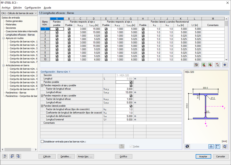 Entradas de barras, como para longitudes eficaces, en RF-/STEEL EC3