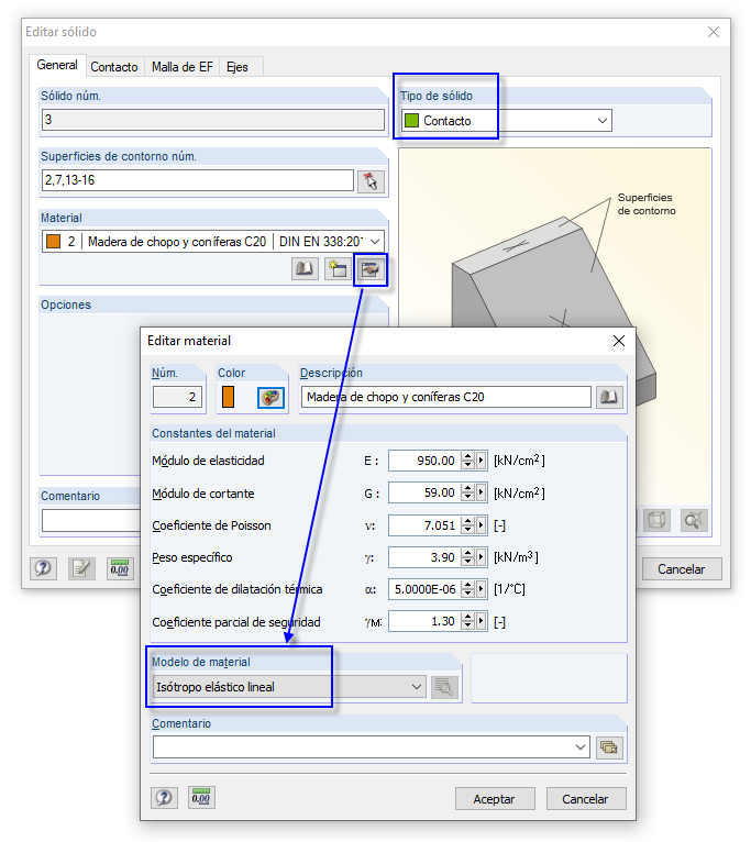 Modelo de material del tipo de sólido "Contacto"