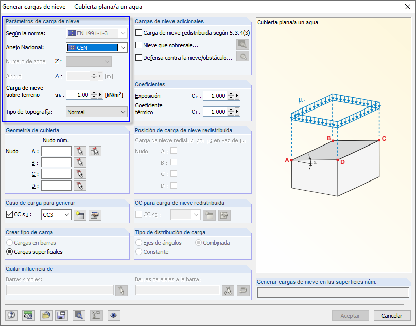 Siempre que se seleccione el Anejo Nacional general de EN 1991-1-3, el programa le permite introducir cualquier valor.