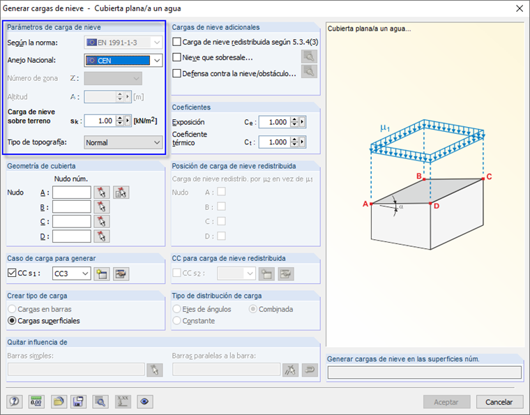 Siempre que se seleccione el Anejo Nacional general de EN 1991-1-3, el programa le permite introducir cualquier valor.