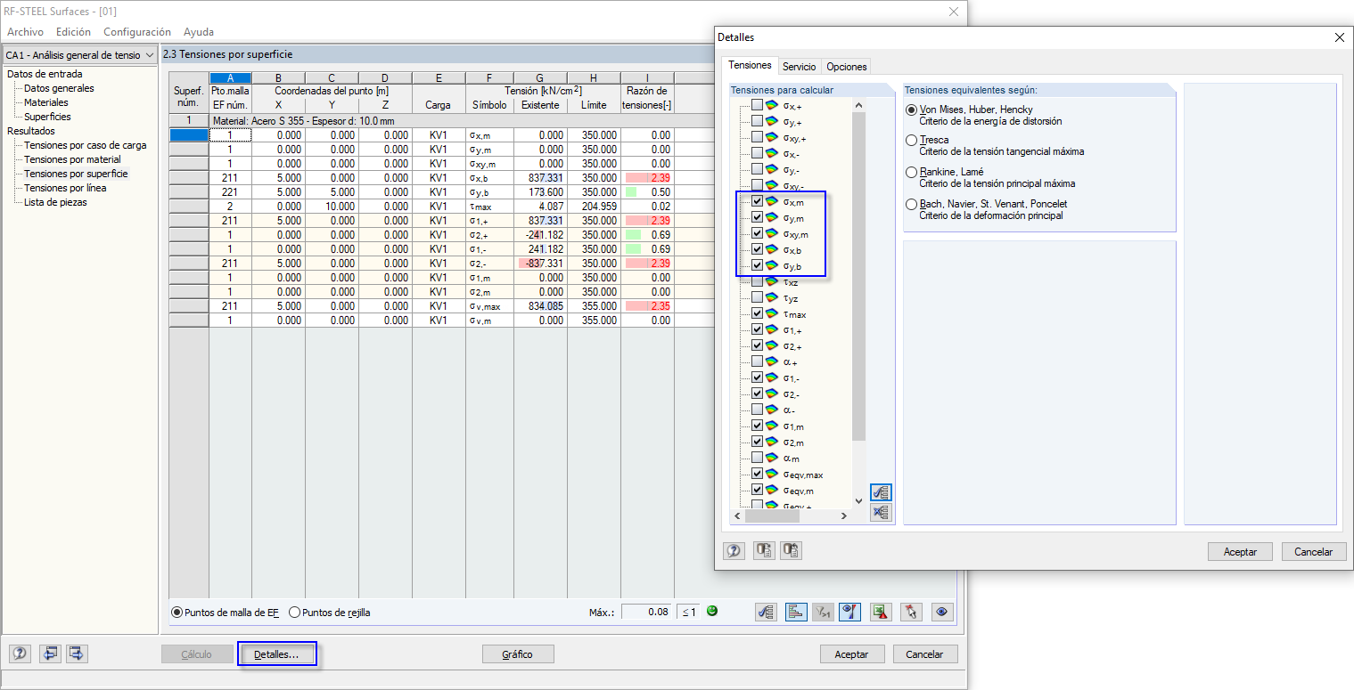 Las tensiones de membrana, flexión u otras se pueden mostrar utilizando el botón Detalles en RF-STEEL Surfaces.
