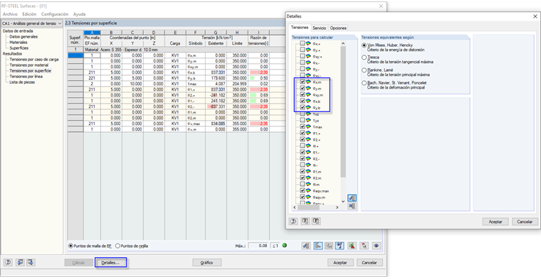Las tensiones de membrana, flexión u otras se pueden mostrar utilizando el botón Detalles en RF-STEEL Surfaces.