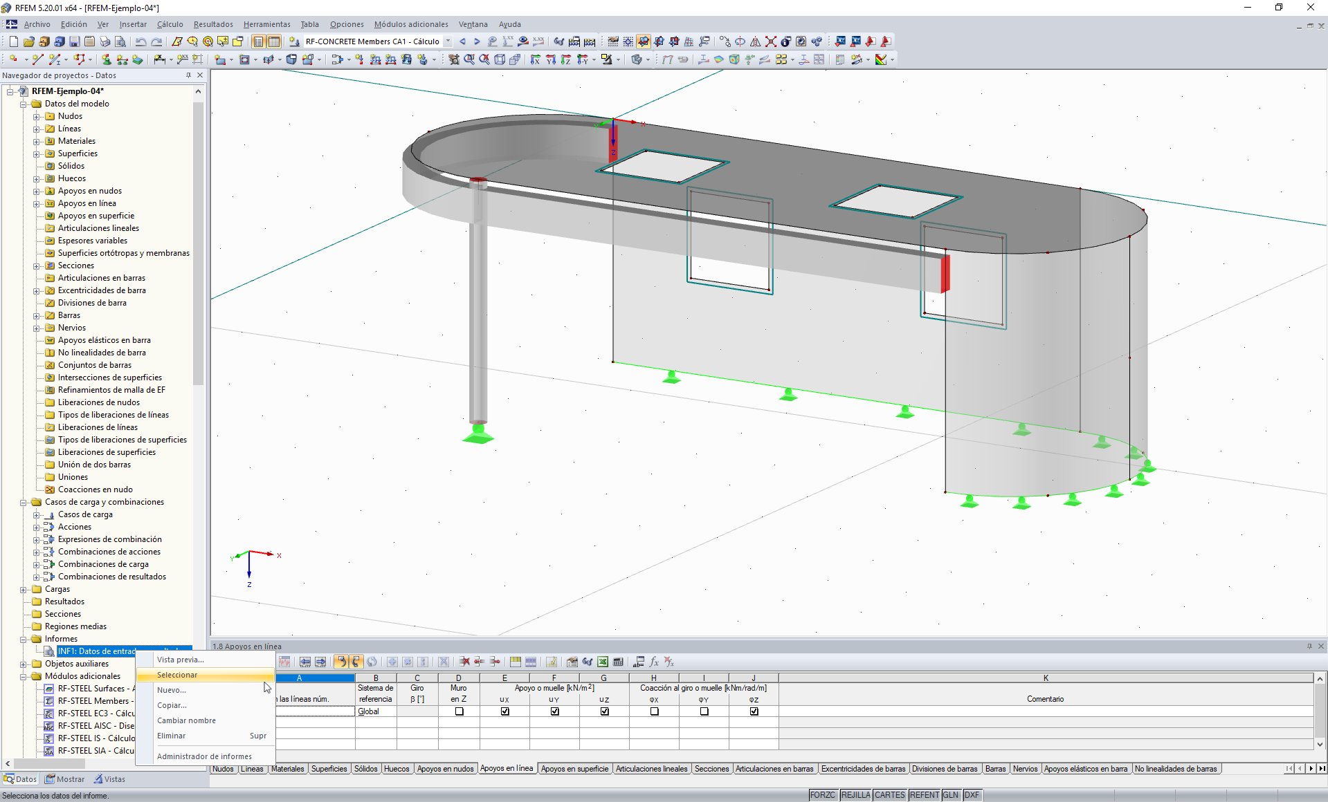 Menú contextual para el informe