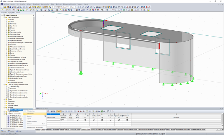 Menú contextual para el informe