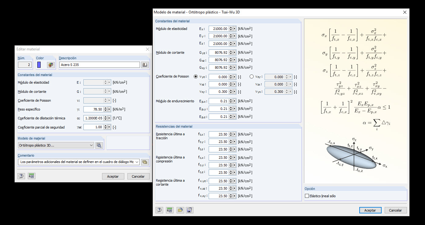 Cuadro de diálogo para introducir el modelo de material plástico ortótropo