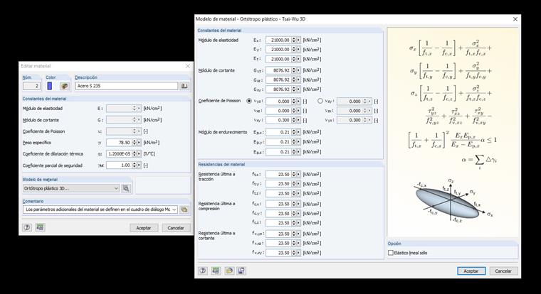 Cuadro de diálogo para introducir el modelo de material plástico ortótropo