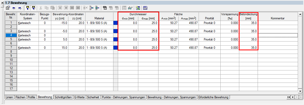 Armadura con introducción de los posibles diámetros y recubrimiento de hormigón