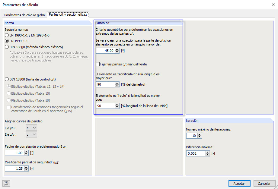 Cuadro de diálogo "Parámetros de cálculo", pestaña "Partes c/t y sección eficaz"