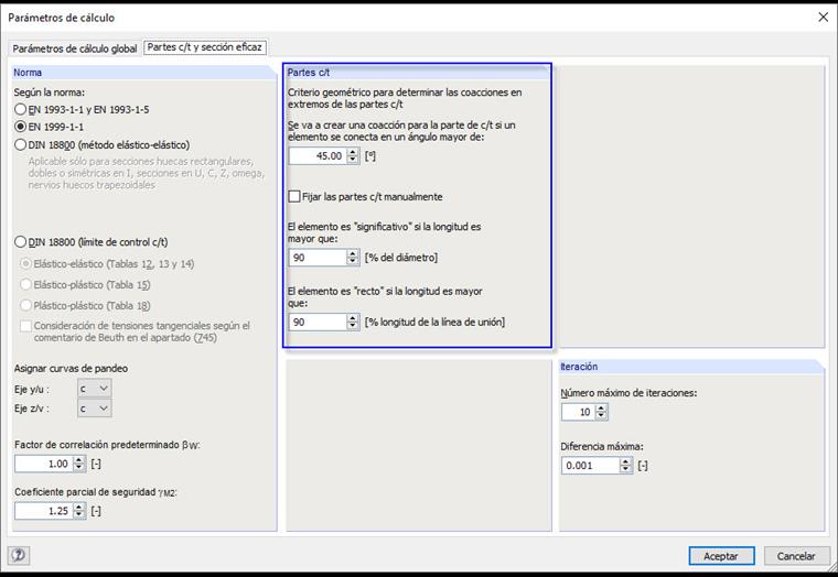 Cuadro de diálogo "Parámetros de cálculo", pestaña "Partes c/t y sección eficaz"
