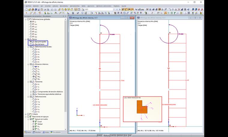 Visualización de esfuerzos internos para diferentes ejes