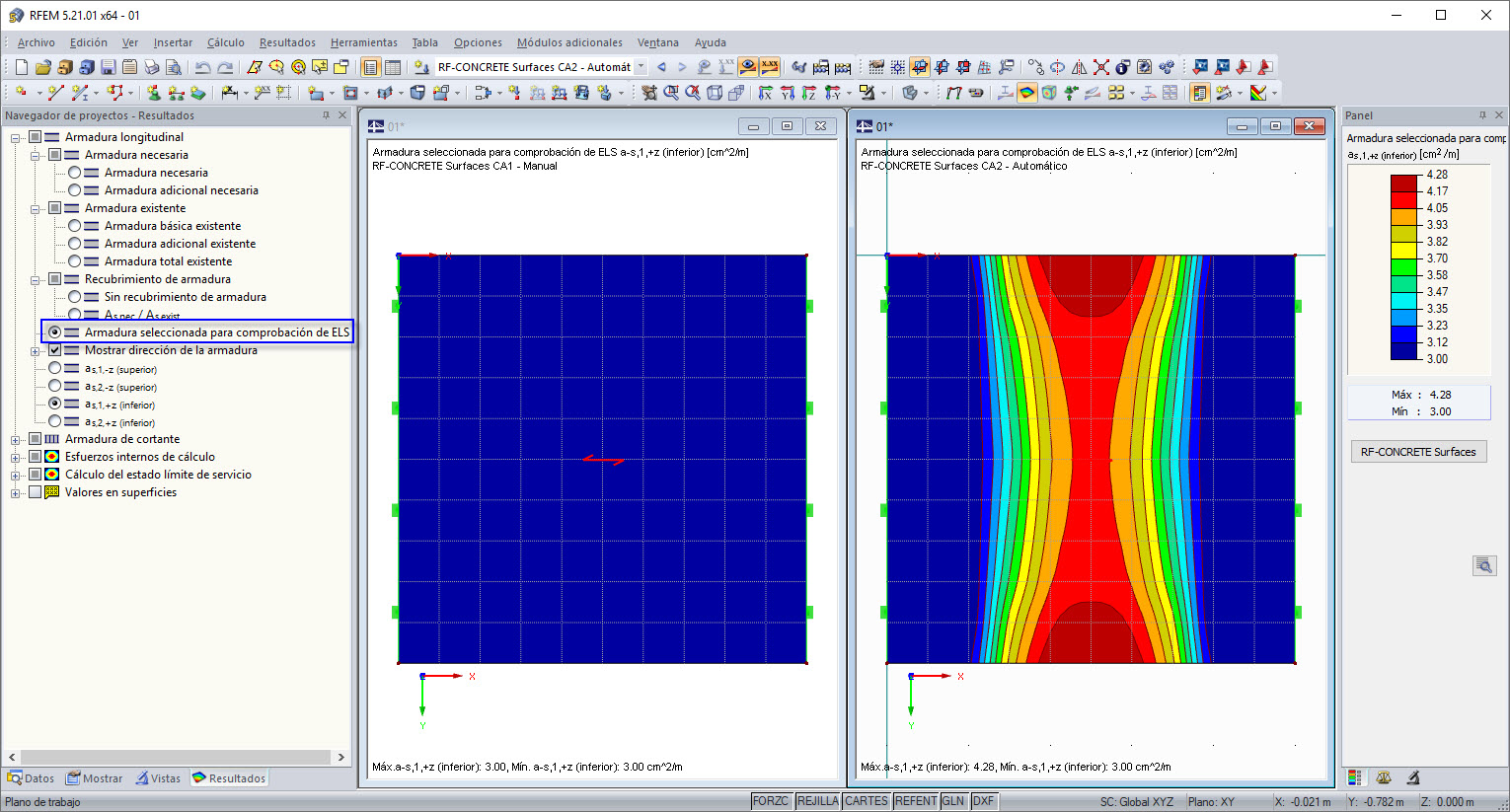 Visualización gráfica de la armadura aplicada para la comprobación de ELS