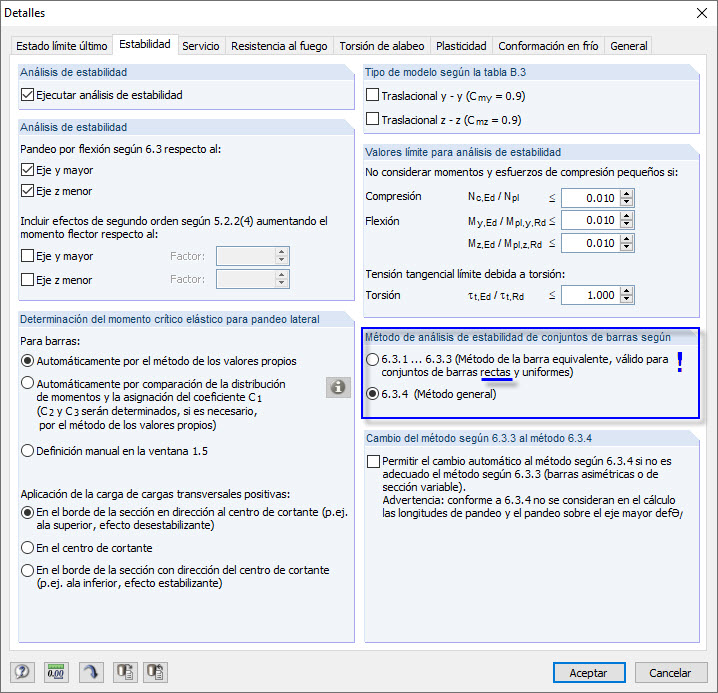 Método de barra equivalente y método general (predeterminado)