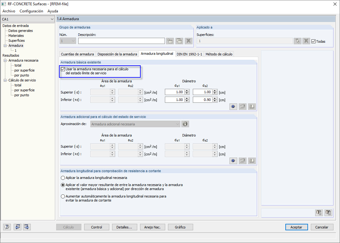Uso de la armadura necesaria para el cálculo del estado límite de servicio