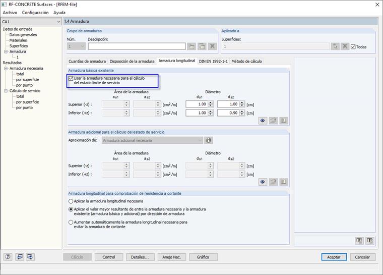 Uso de la armadura necesaria para el cálculo del estado límite de servicio