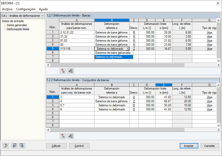 Definición de deformaciones límite para barras y conjuntos de barras en RF-DEFORM