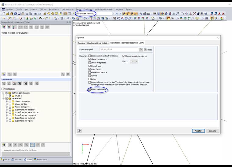 Exportación en el caso de carga "Form-Finding"