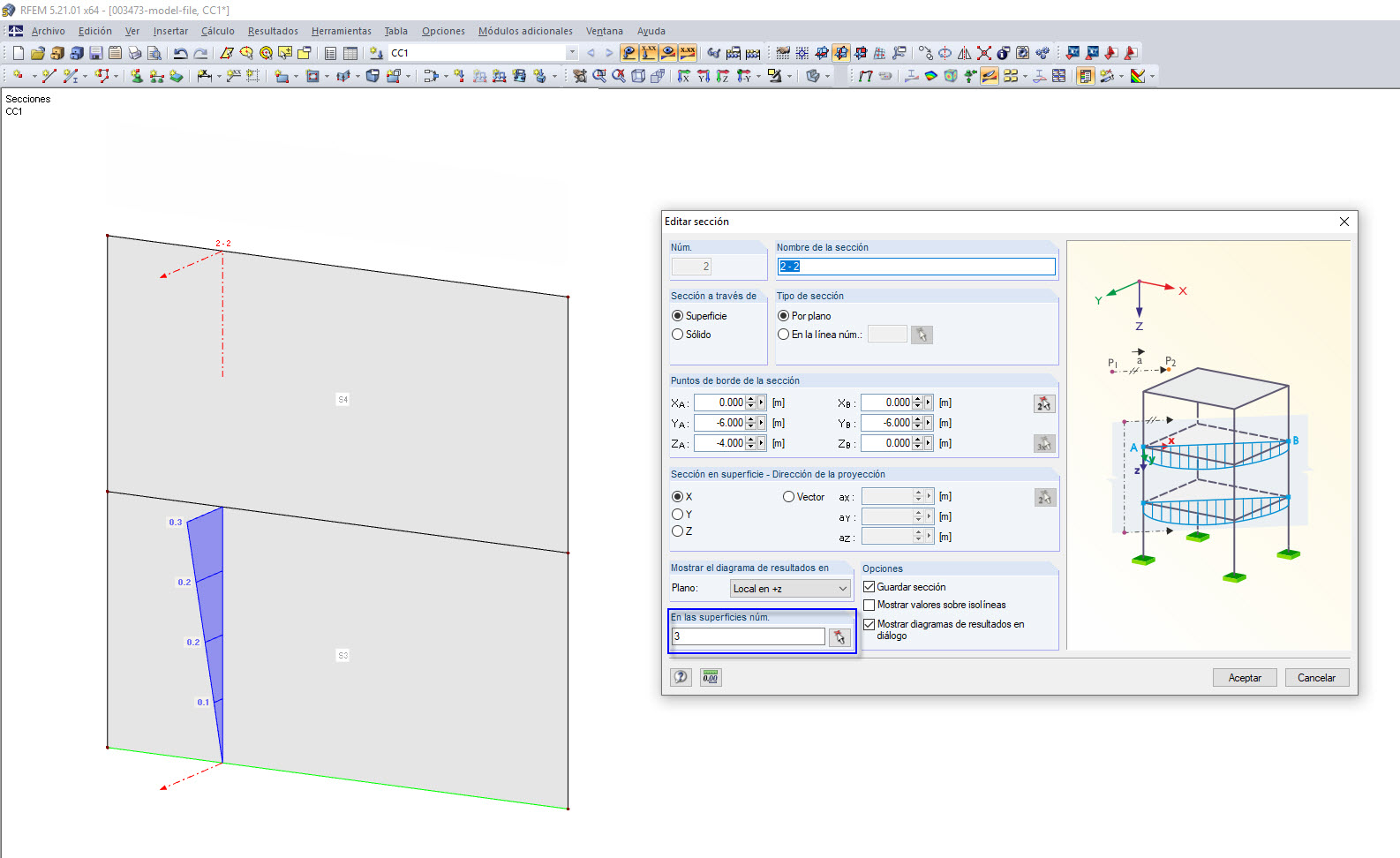 Sección a través de superficies