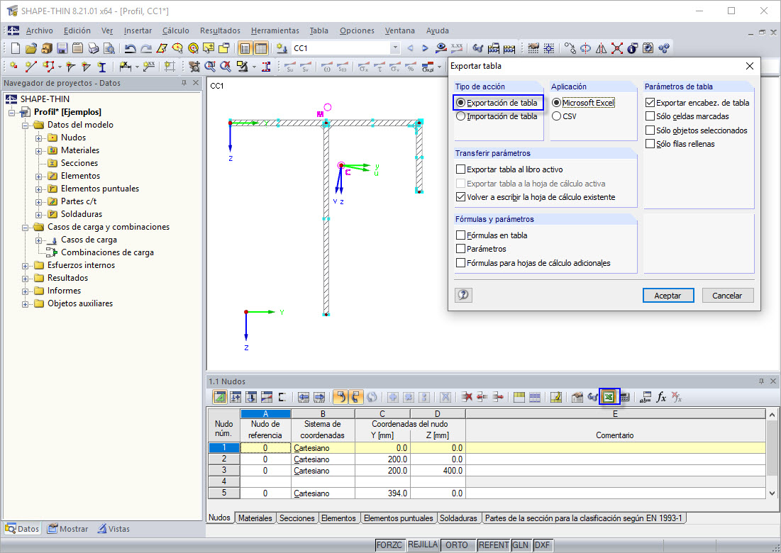 Dialog Tabelle exportieren