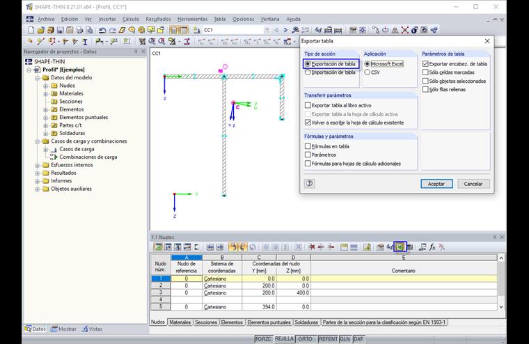 Dialog Tabelle exportieren