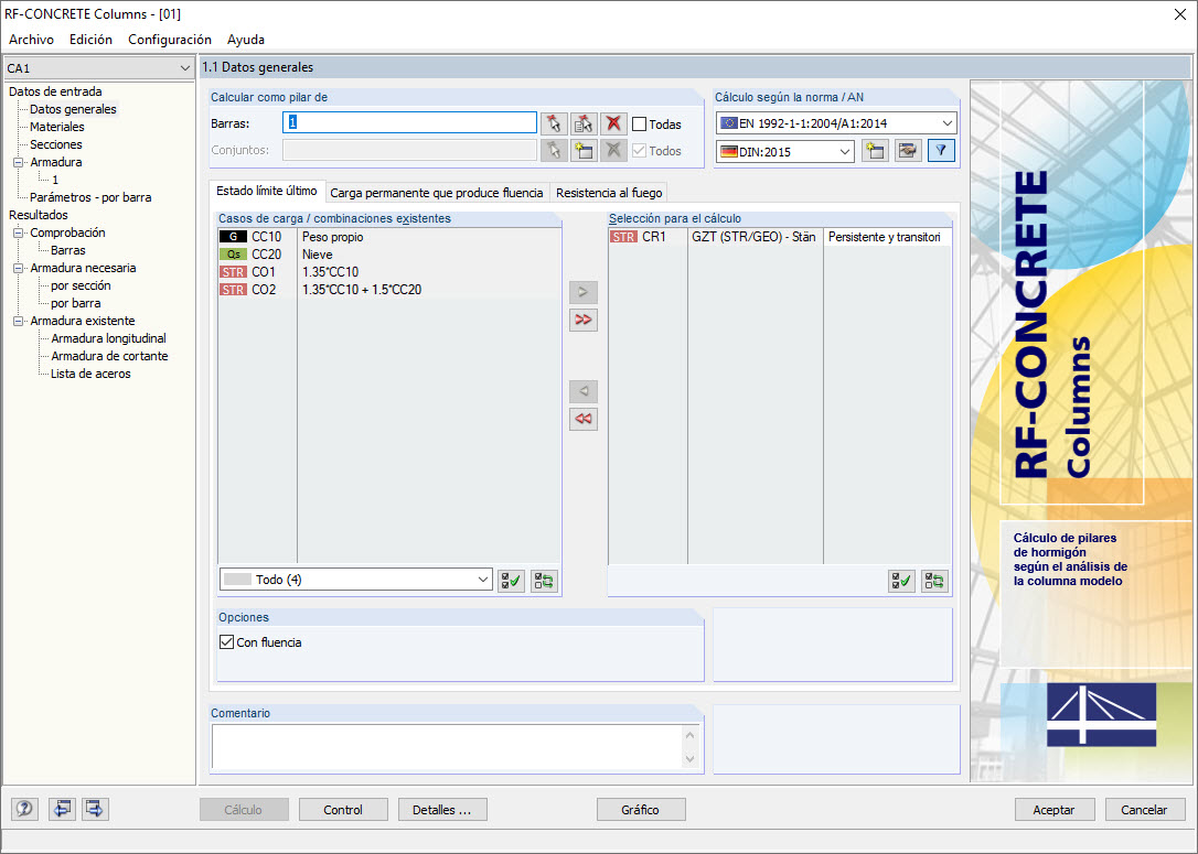 Ventana 1.1 Datos generales en RF-CONCRETE Columns