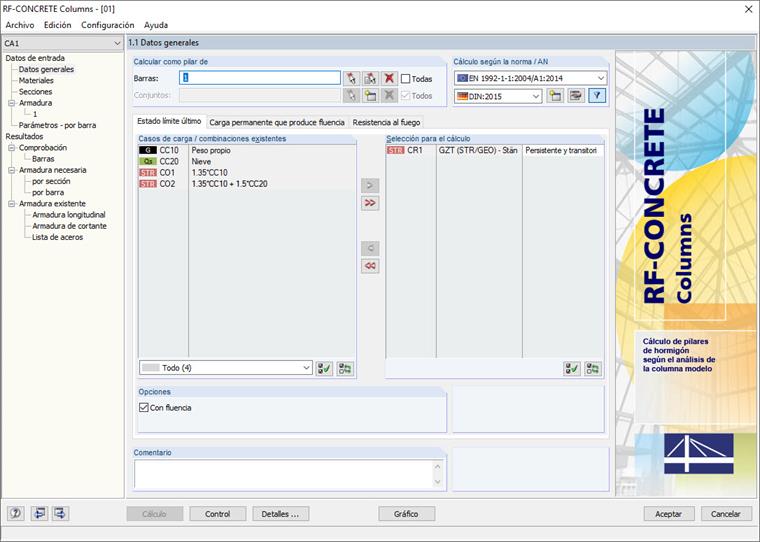 Ventana 1.1 Datos generales en RF-CONCRETE Columns