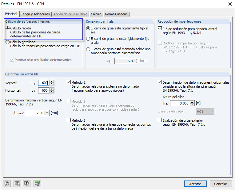 Selección del tipo de cálculo para la determinación de esfuerzos internos