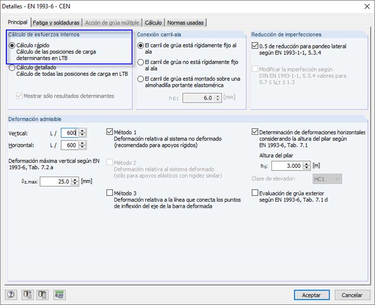 Selección del tipo de cálculo para la determinación de esfuerzos internos
