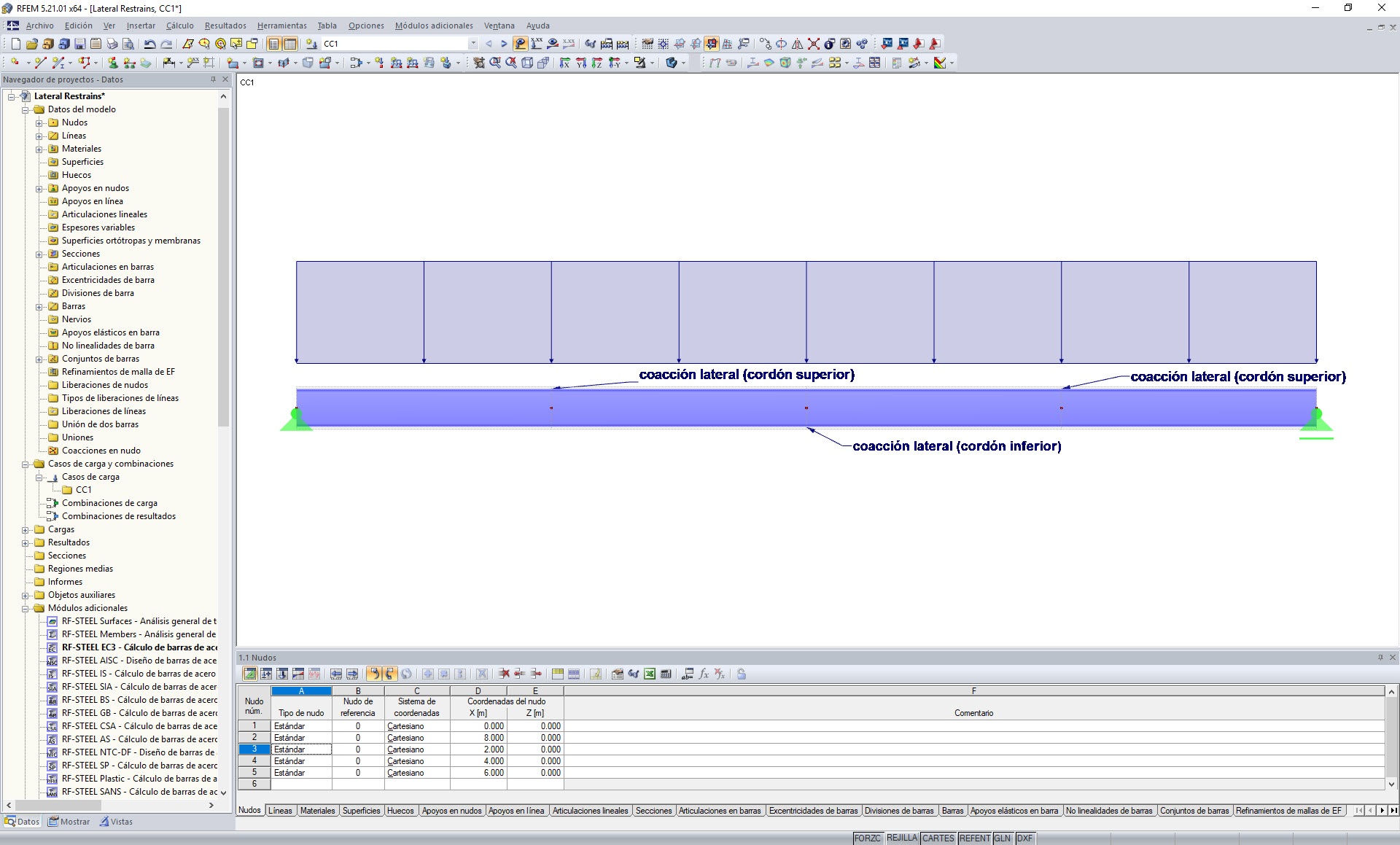 Modelo de RFEM con disposición de las coacciones laterales