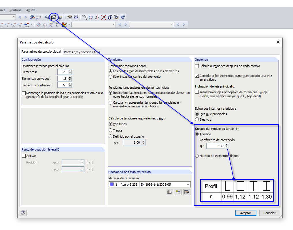 Opciones de cálculo para determinar la constante de torsión