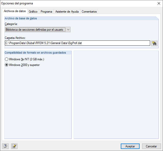 Ruta de almacenamiento de la biblioteca de secciones definida por el usuario