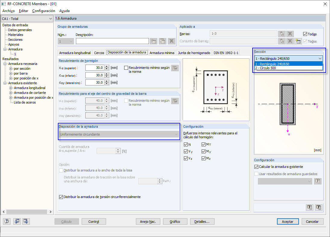 Secciones circulares y rectangulares en el grupo de armaduras