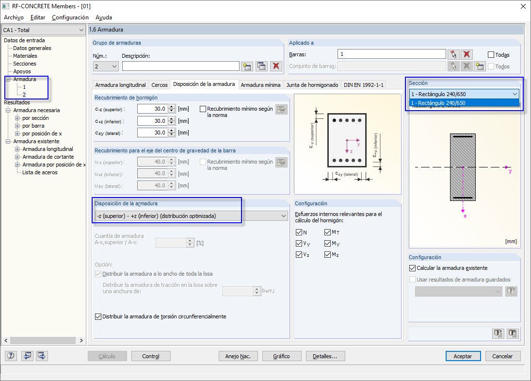 Secciones circulares y rectangulares en conjuntos de armaduras independientes