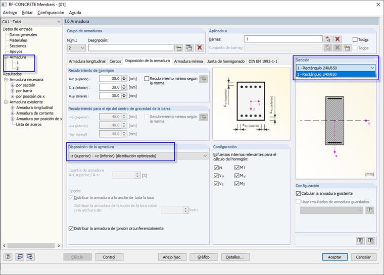 Secciones circulares y rectangulares en conjuntos de armaduras independientes