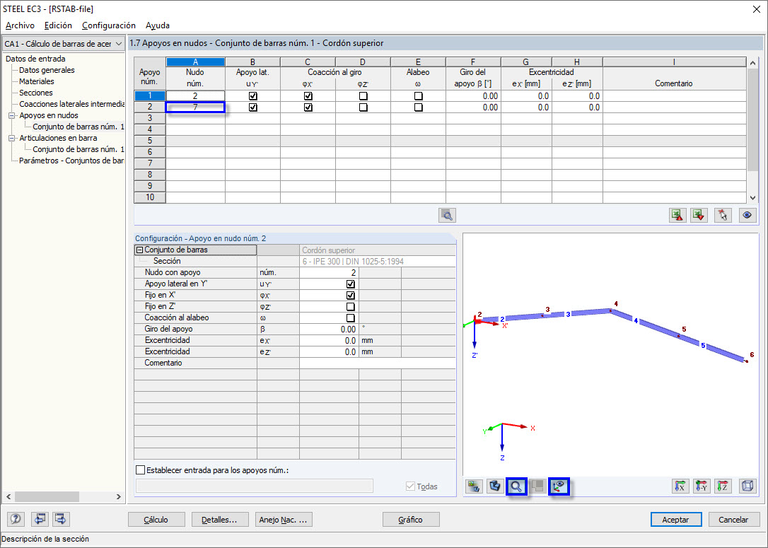 Visualización del conjunto actual de barras con numeración de nudos