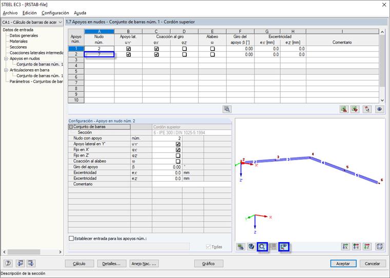 Visualización del conjunto actual de barras con numeración de nudos