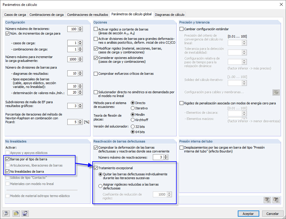 Manejo excepcional de barras en parámetros de cálculo globales