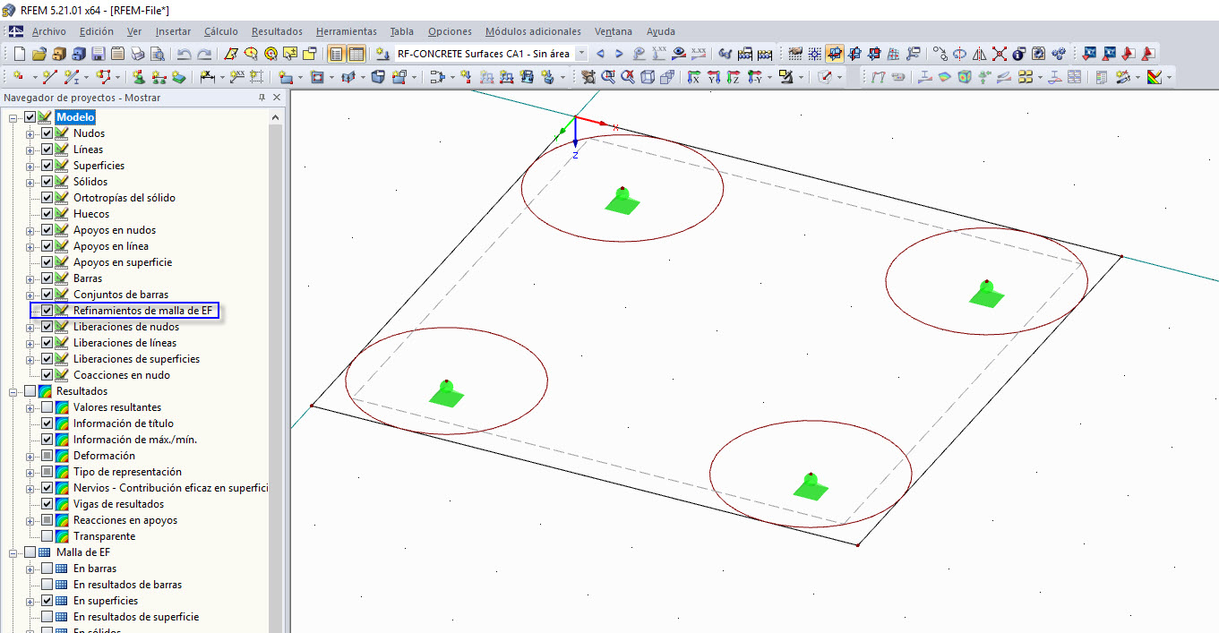 Mostrar navegador con visualización activada del refinamiento de malla de elementos finitos